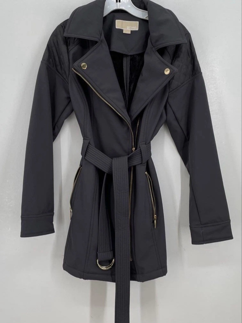 Michael Kors Black Gold-Trim Belted Trench Coat